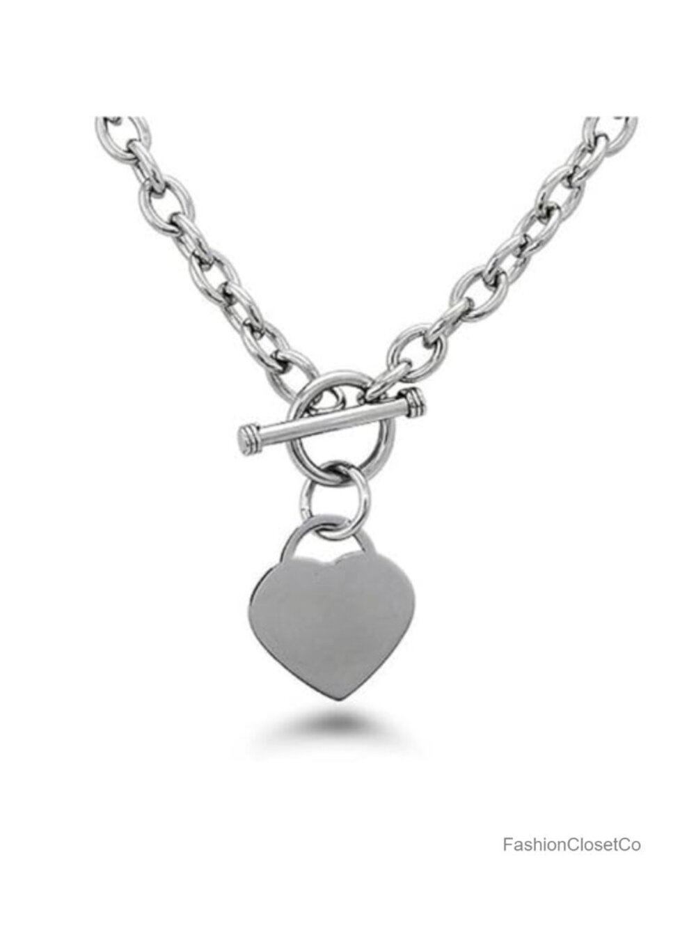 Stainless Steel Cable Chain Necklace with Heart Charm Toggle Clasp
